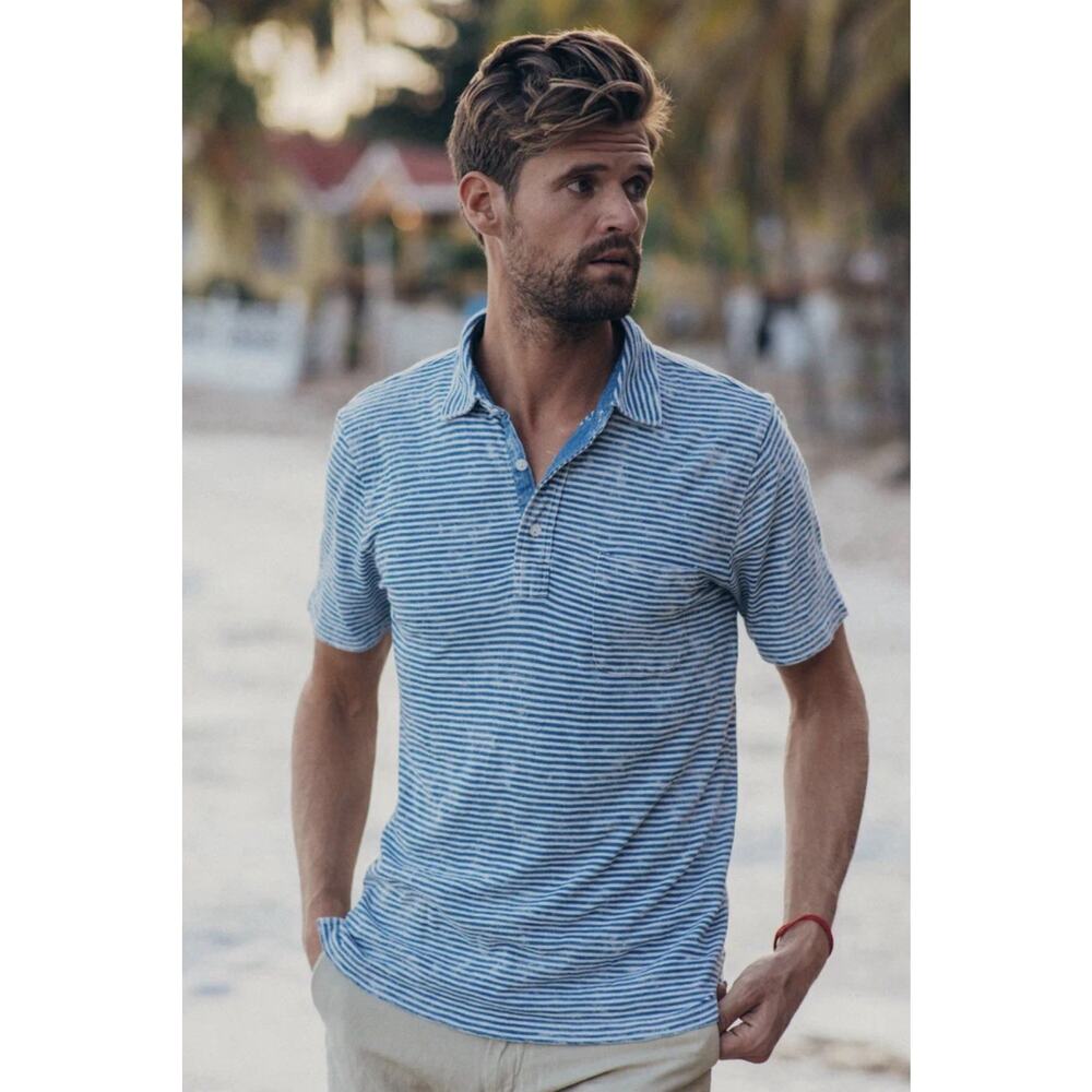 Faherty Short Sleeve Indigo Stripe Polo Salt Wash Large Preppy Retails $88